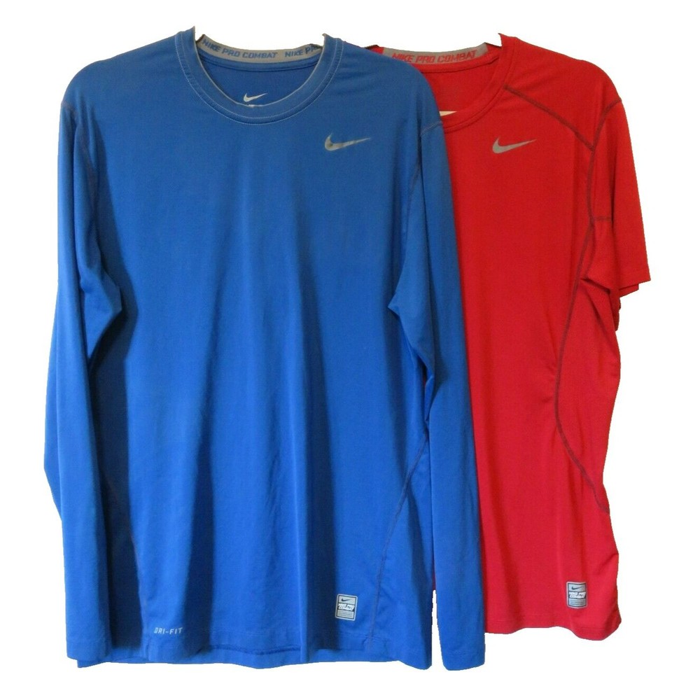 Lot 2 Nike Pro Combat Fitted Sz L Red -Blue Short/Long Sleeve Compression Shirts